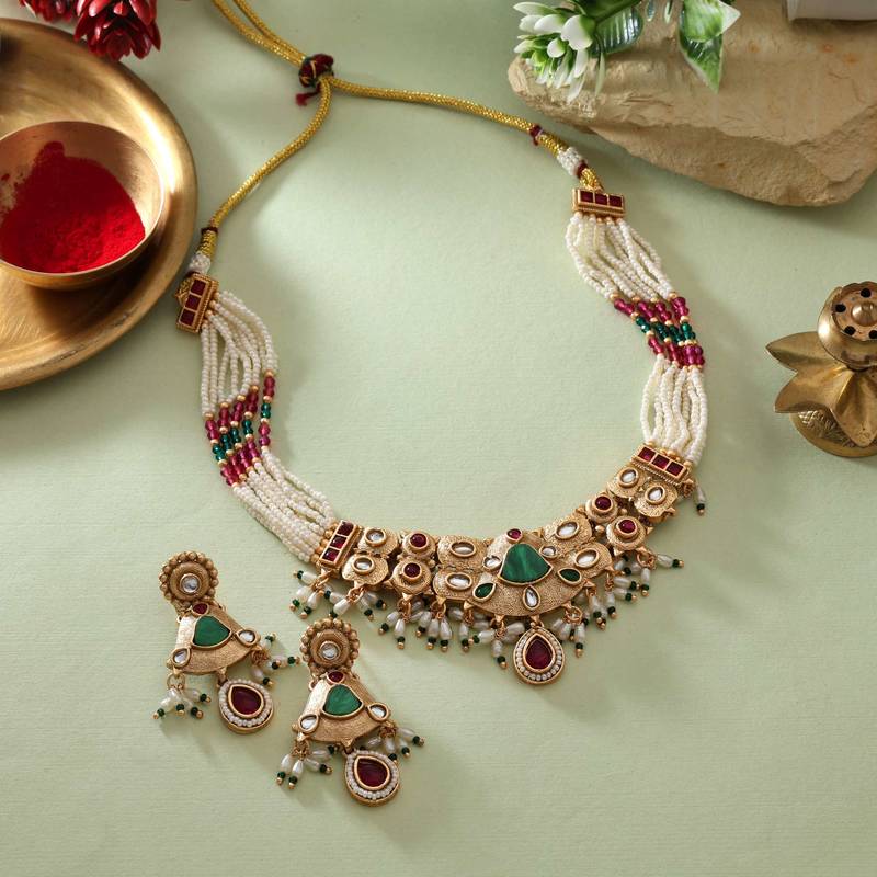 Rani & green color matte gold necklace set