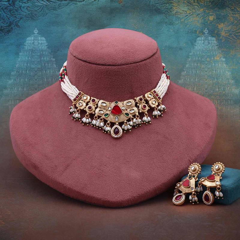 Red color matte gold necklace set