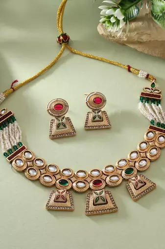 Rani & green color matte gold necklace set