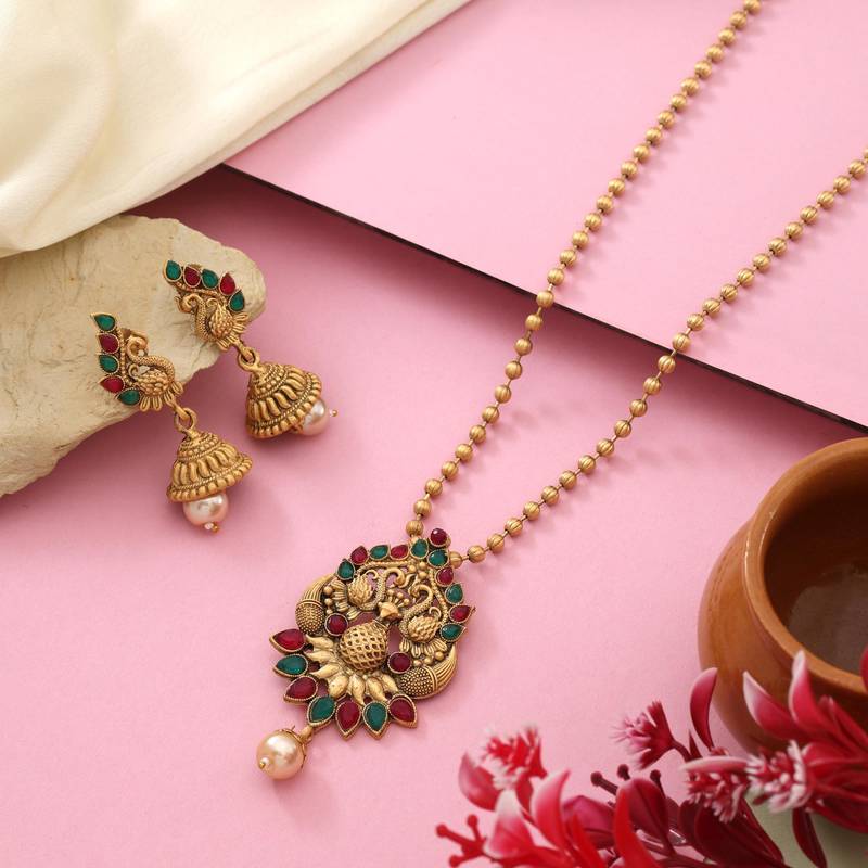 Rani & green color matte gold necklace set
