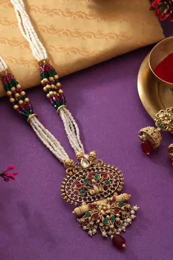 Rani & green color matte gold necklace set