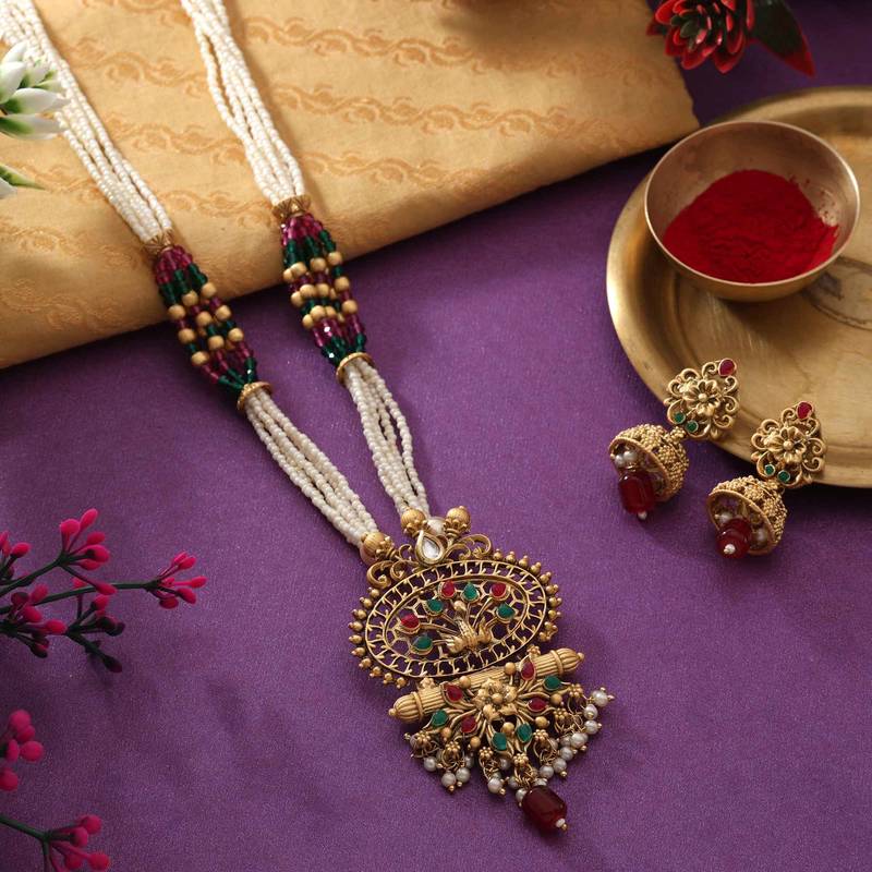 Rani & green color matte gold necklace set