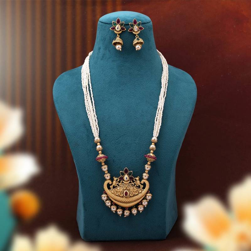 Rani & green color matte gold necklace set