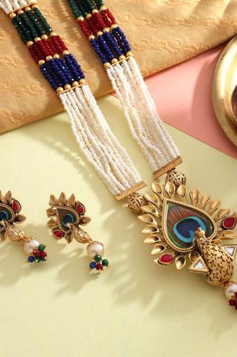 Multi color peacock feather matte gold necklace set