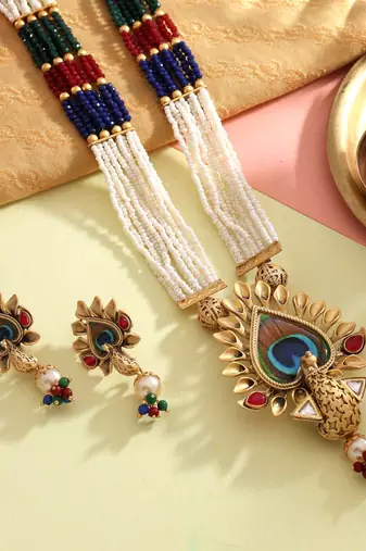 Multi color peacock feather matte gold necklace set