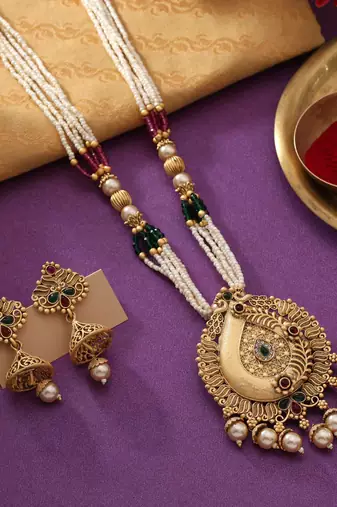 Rani & green color matte gold necklace set