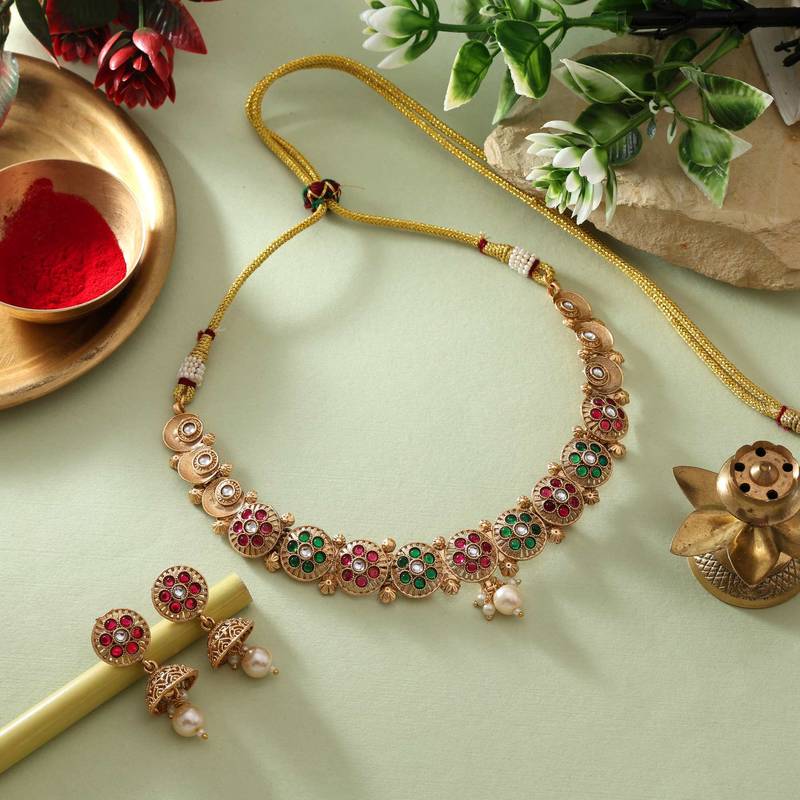 Rani & green color matte gold necklace set