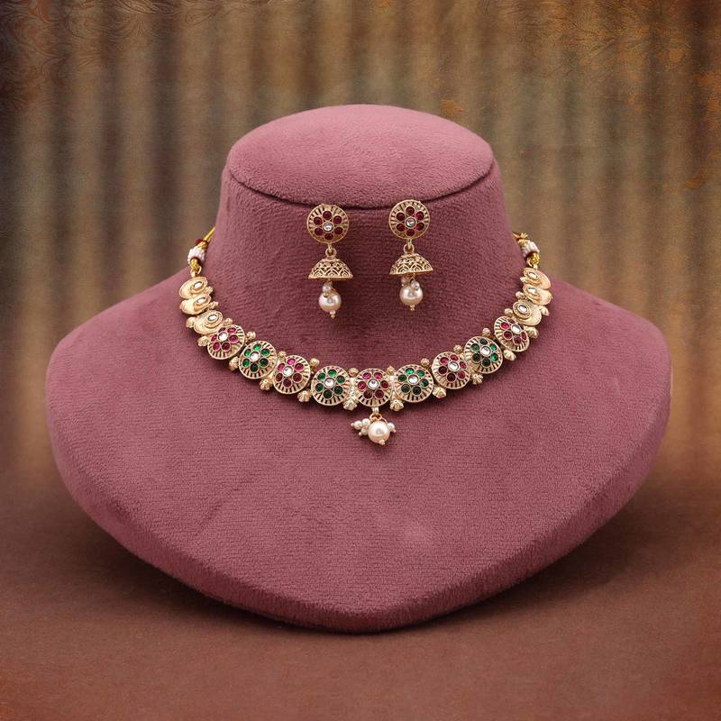 Rani & green color matte gold necklace set