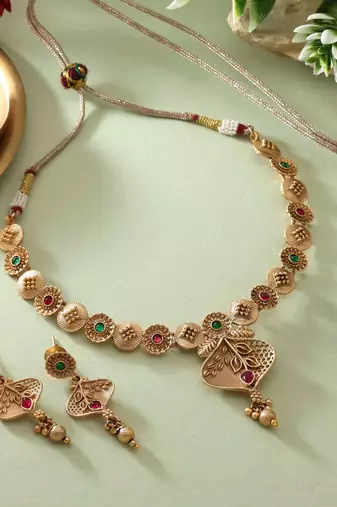 Rani & green color matte gold necklace set