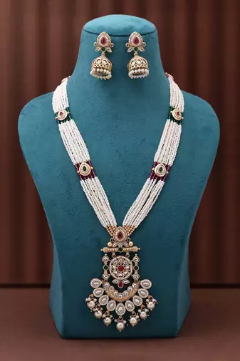 Rani & green color matte gold necklace set