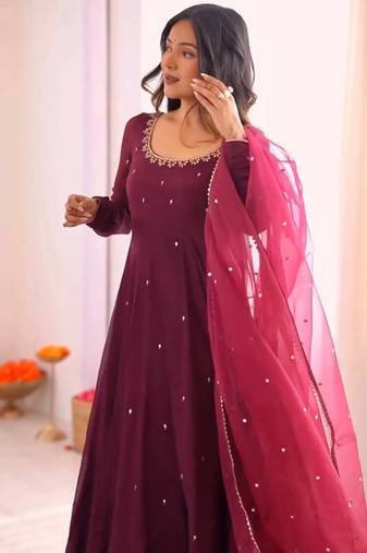 Wine embroidered georgette three-piece Anarkali suit 