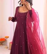 Wine embroidered georgette three-piece Anarkali suit 