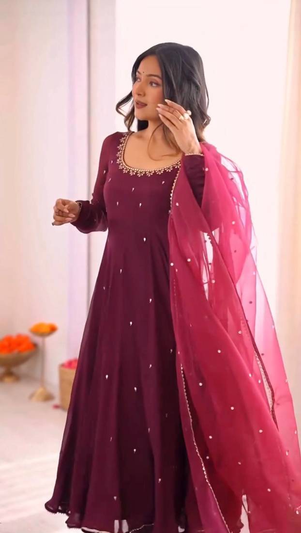 Wine embroidered georgette three-piece Anarkali suit