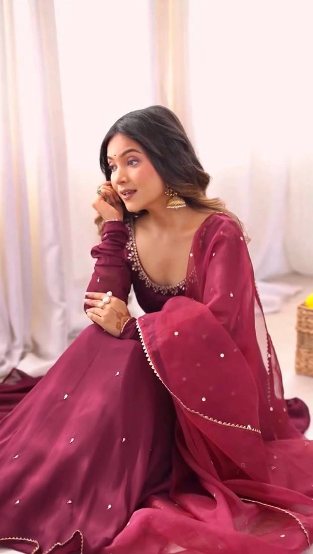 Wine embroidered georgette three-piece Anarkali suit