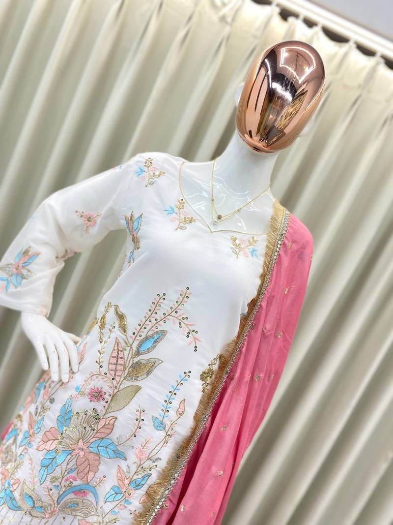 White vichitra silk embroidered Kurta with patiala pant with dupatta