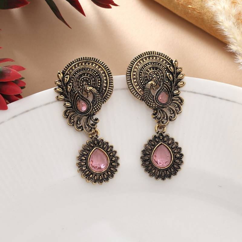 Pink color oxidised earrings