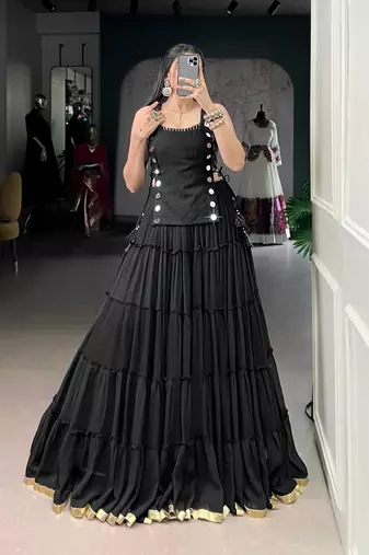 Black marble fabric mirror work koti & chanderi zari lehenga with blouse