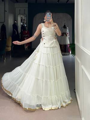 White Marble Fabric Mirror Work Koti & Chanderi Zari Lehenga with Blouse  1