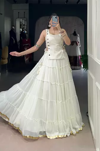 White Marble Fabric Mirror Work Koti & Chanderi Zari  Lehenga with Blouse 