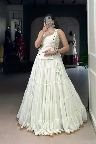 White Marble Fabric Mirror Work Koti & Chanderi Zari Lehenga with Blouse 