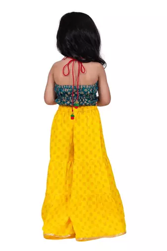 Brocade sleeveless embellished top with sharara-rama green & yellow