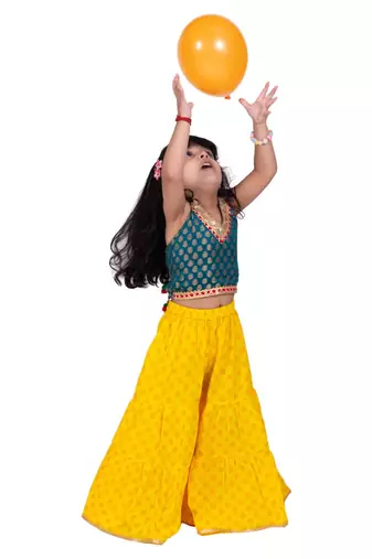 Brocade sleeveless embellished top with sharara-rama green & yellow