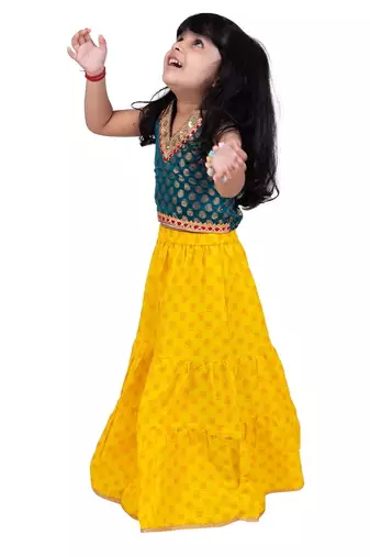 Brocade sleeveless embellished top with sharara-rama green & yellow