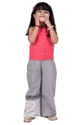 Chanderi sleeveless solid top with placement embroidered palazzo-coral & grey