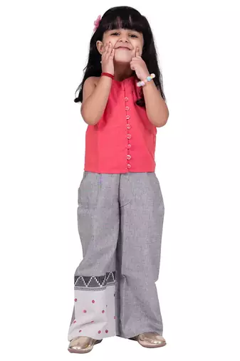 Chanderi sleeveless solid top with placement embroidered palazzo-coral & grey