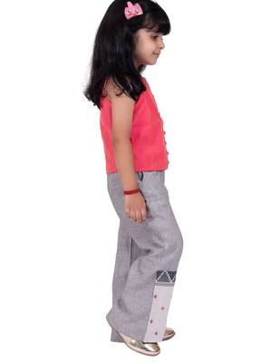 Chanderi sleeveless solid top with placement embroidered palazzo-coral & grey 3