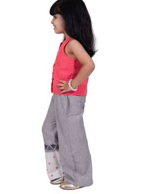 Chanderi sleeveless solid top with placement embroidered palazzo-coral & grey 4