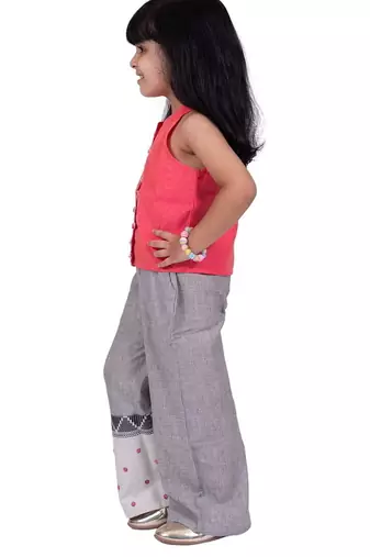 Chanderi sleeveless solid top with placement embroidered palazzo-coral & grey