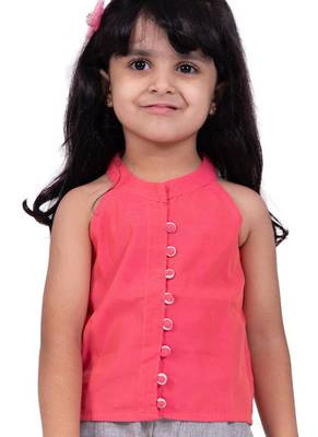 Chanderi sleeveless solid top with placement embroidered palazzo-coral & grey 5