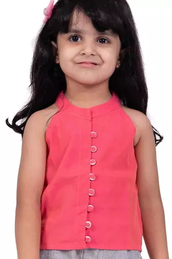 Chanderi sleeveless solid top with placement embroidered palazzo-coral & grey