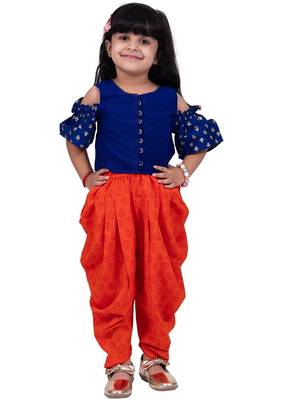 Half sleeves  foil/glitter print top with printed dhoti-blue & orange 1