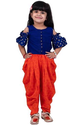 Half sleeves  foil/glitter print top with printed dhoti-blue & orange