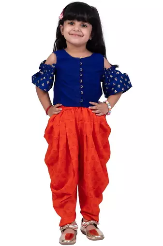 Half sleeves  foil/glitter print top with printed dhoti-blue & orange