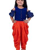 Half sleeves  foil/glitter print top with printed dhoti-blue & orange