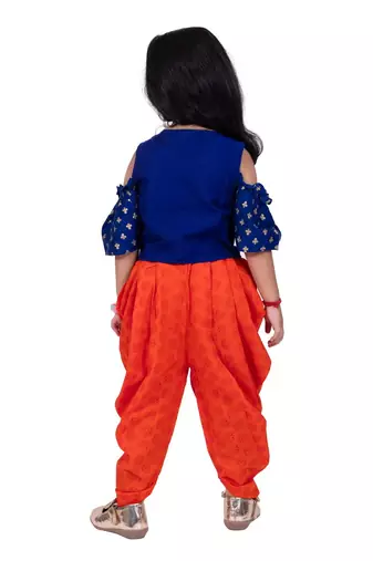 Half sleeves  foil/glitter print top with printed dhoti-blue & orange
