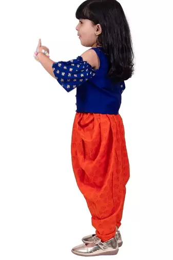 Half sleeves  foil/glitter print top with printed dhoti-blue & orange