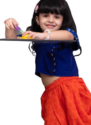 Half sleeves  foil/glitter print top with printed dhoti-blue & orange 4