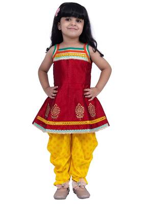 Jacquard  sleeveless placement print top with dhoti-maroon & yellow 1