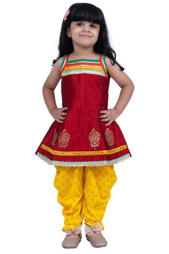Jacquard  sleeveless placement print top with dhoti-maroon & yellow