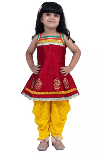 Jacquard  sleeveless placement print top with dhoti-maroon & yellow