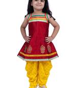 Jacquard  sleeveless placement print top with dhoti-maroon & yellow