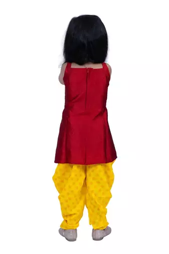 Jacquard  sleeveless placement print top with dhoti-maroon & yellow