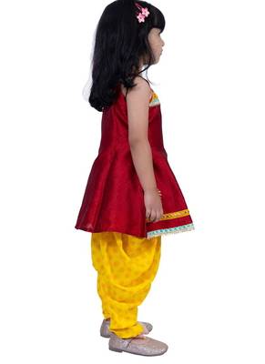 Jacquard  sleeveless placement print top with dhoti-maroon & yellow 3