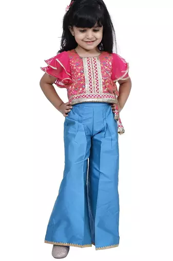 Brocade woven half sleeves embellished  top with palazzo-pink & blue