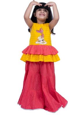 Cotton sleeveless placement print top with  sharara -yellow & coral 1
