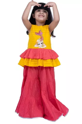 Cotton sleeveless placement print top with  sharara -yellow & coral